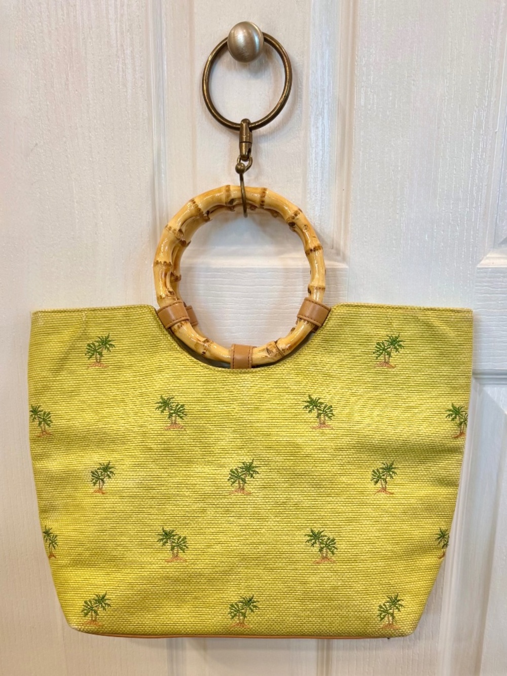 Vintage Handbag, Bamboo Handles, Lime Green Woven Straw & Embroidered Palm Trees